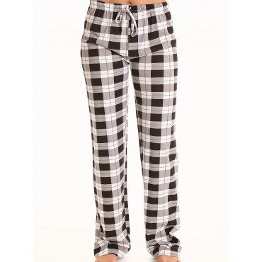 Plaid Pattern Drawstring Pants, Casual Wide Leg Pants, Women's Clothing