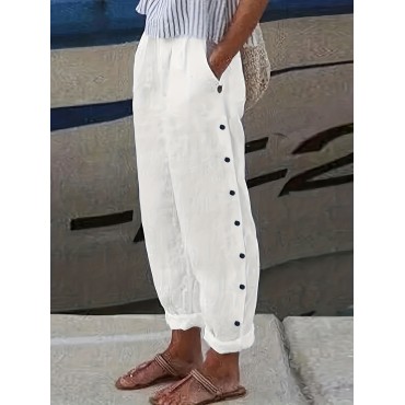 Side Button Solid Pants, Casual Simple Wide Leg Pants, Women's Clothing