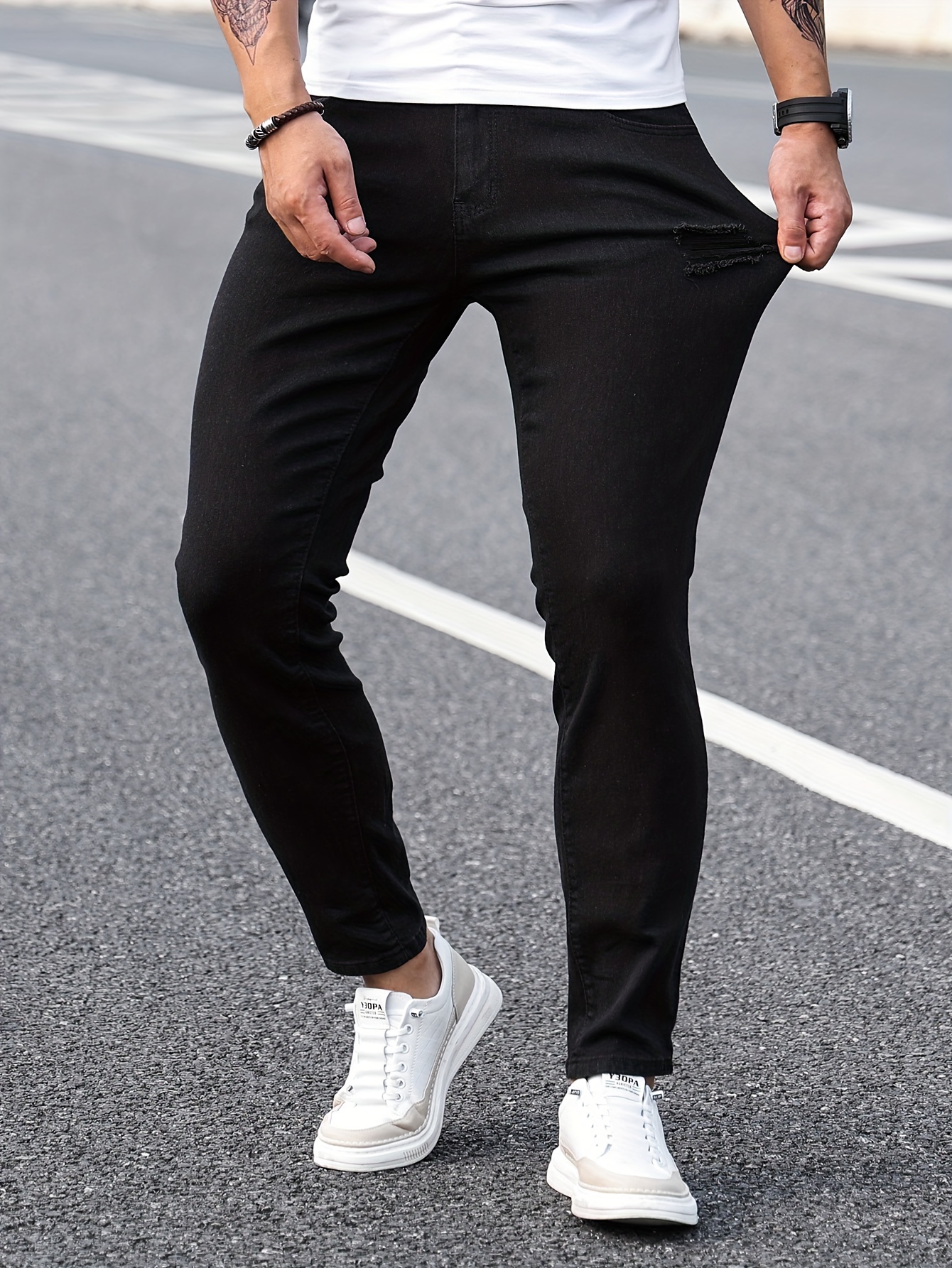 mens casual light blue ripped denim jeans details 2