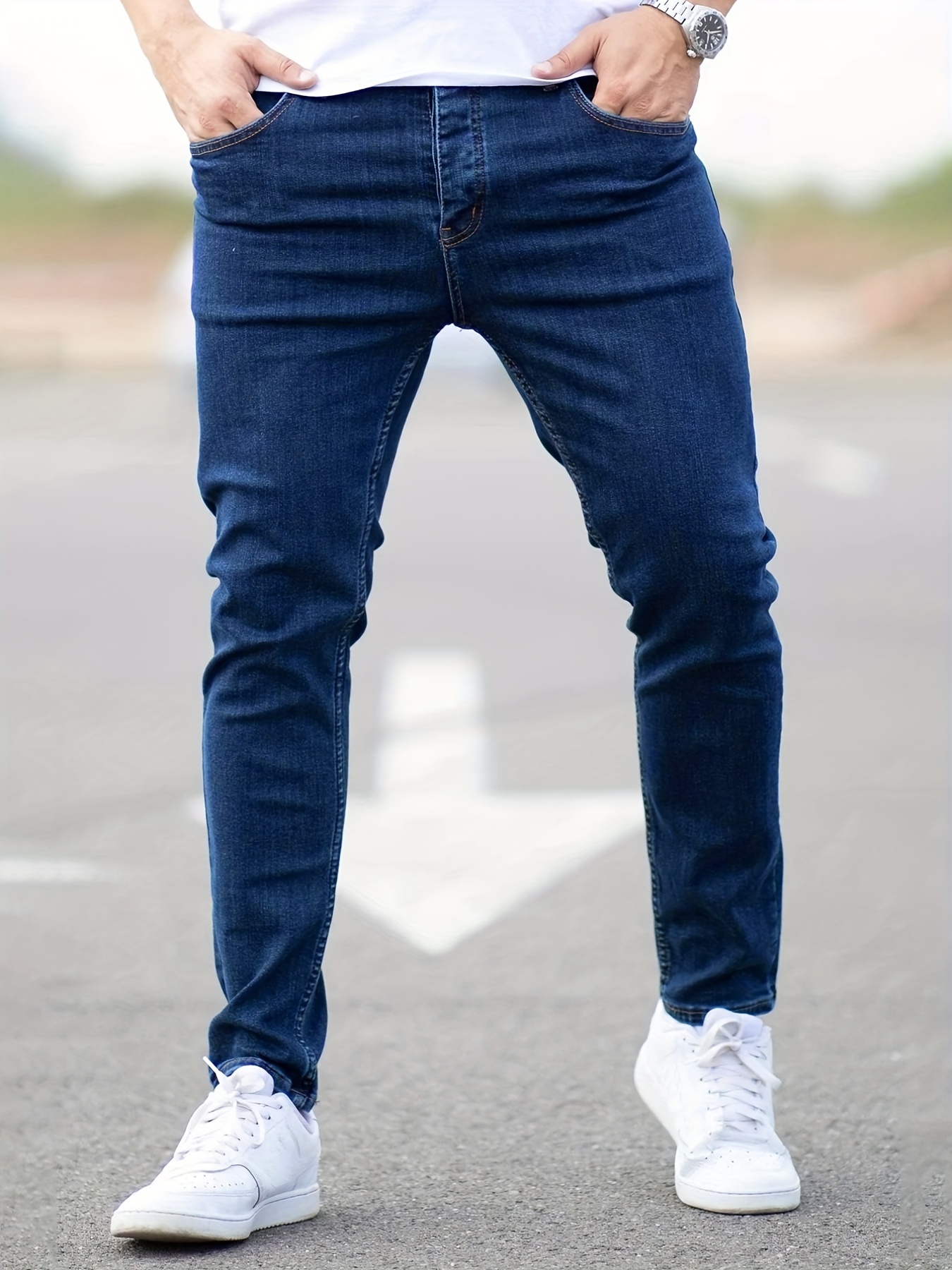 slim fit cotton jeans mens casual solid color mid stretch denim pants for spring summer details 6